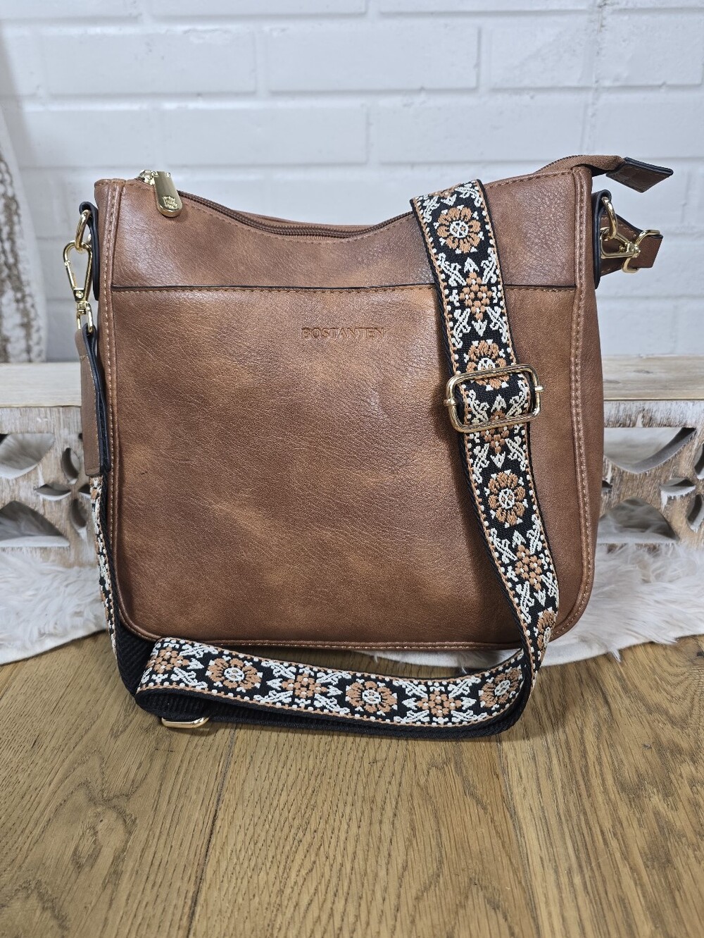 Bostanten Brown Vegan Leather Crossbody Bag with Floral Guitar Strap